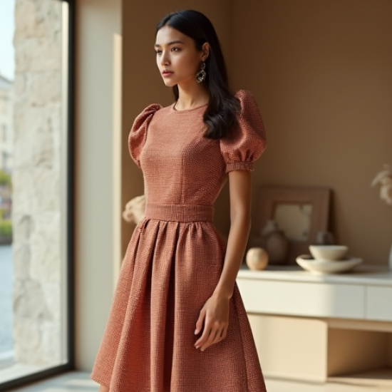 Terracotta Houndstooth Puff Sleeve Tea Dress