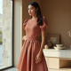 Terracotta Houndstooth Puff Sleeve Tea Dress