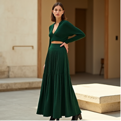Emerald Green Houndstooth Cut-Out Pleated Maxi Skirt