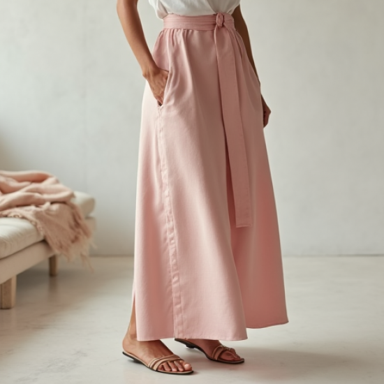 Pastel Pink Jacquard Belted Satin Slip Skirt