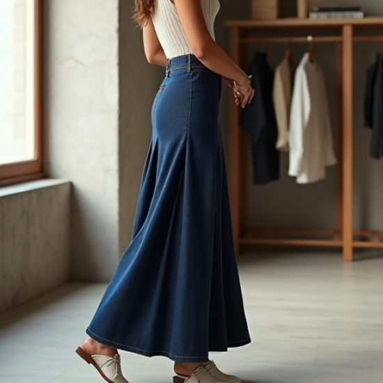 Navy Blue Denim Wrap Front Pleated Maxi Skirt