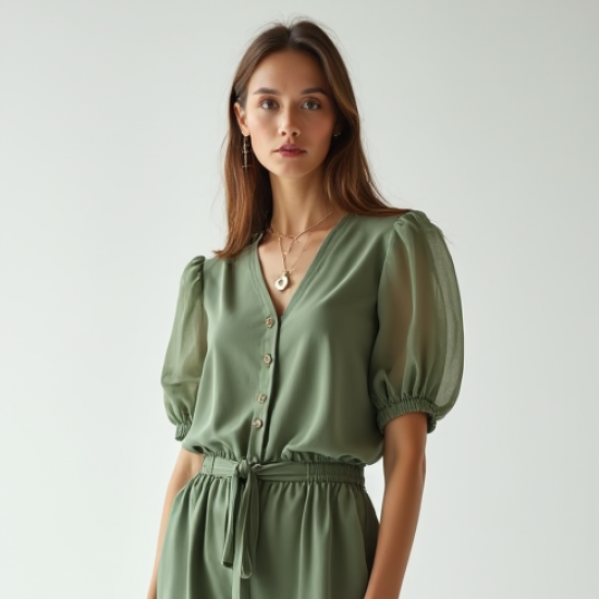 Sage Green Puff Sleeve Chiffon Cargo Pants