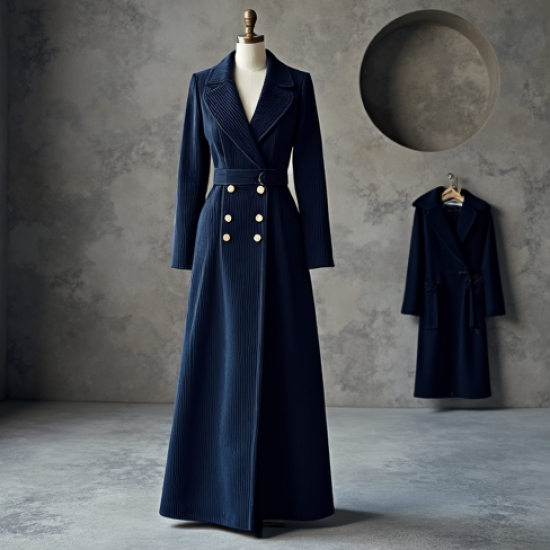 Navy Blue Corduroy Double-Breasted Evening Gown