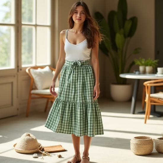 Sage Green Gingham Square Neck Wrap Front Skirt