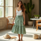 Sage Green Gingham Square Neck Wrap Front Skirt