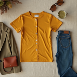 Mustard Yellow Double-Breasted Chiffon Graphic Tee