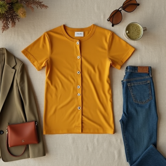 Mustard Yellow Double-Breasted Chiffon Graphic Tee