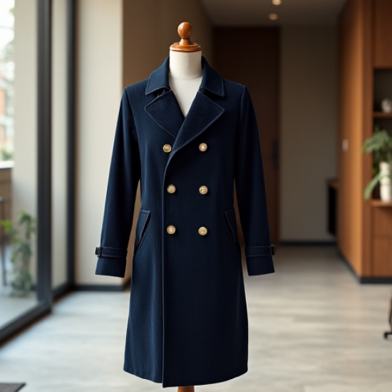 Navy Blue Corduroy Double-Breasted Trench Coat