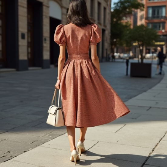 Terracotta Houndstooth Puff Sleeve Tea Dress