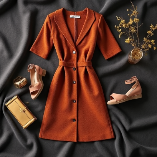 Terracotta Tweed V-Neck Cocktail Dress
