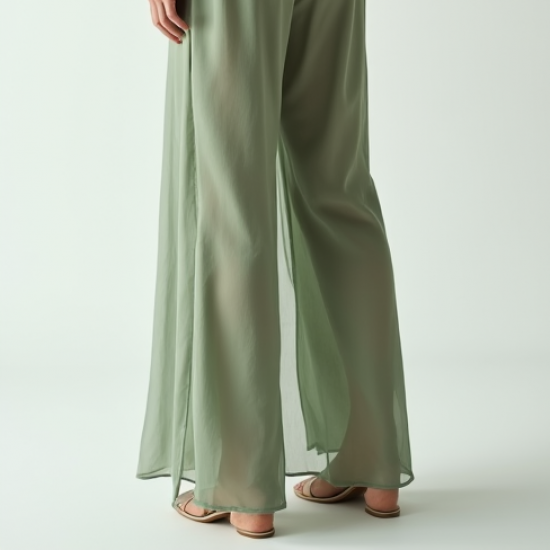 Sage Green Organza Split Thigh High-Waisted Trousers