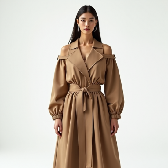 Oatmeal Chiffon Off-Shoulder Trench Coat