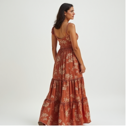 Terracotta Floral Print Tiered Maxi Dress