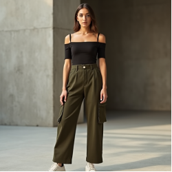 Minimalist Solid Color Off-Shoulder Cargo Pants