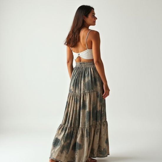 Korean Chic Abstract Print Split Thigh Tiered Boho Skirt