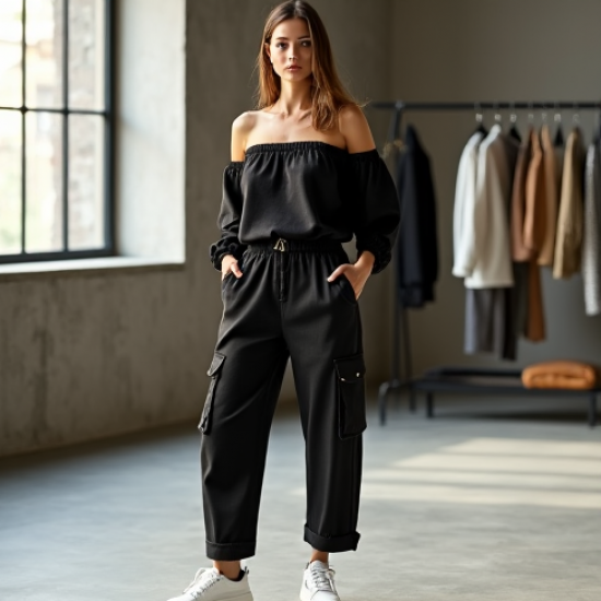 Midnight Black Abstract Print Off-Shoulder Cargo Pants