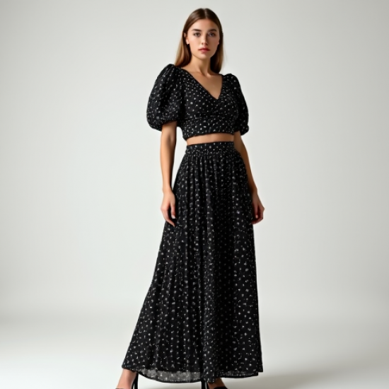 Midnight Black Polka Dot Puff Sleeve Pleated Maxi Skirt
