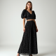 Midnight Black Polka Dot Puff Sleeve Pleated Maxi Skirt