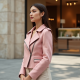 Pastel Pink Houndstooth Off-Shoulder Biker Jacket