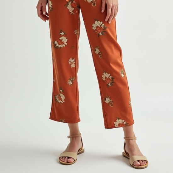 Terracotta Floral Print Off-Shoulder High-Waisted Trousers