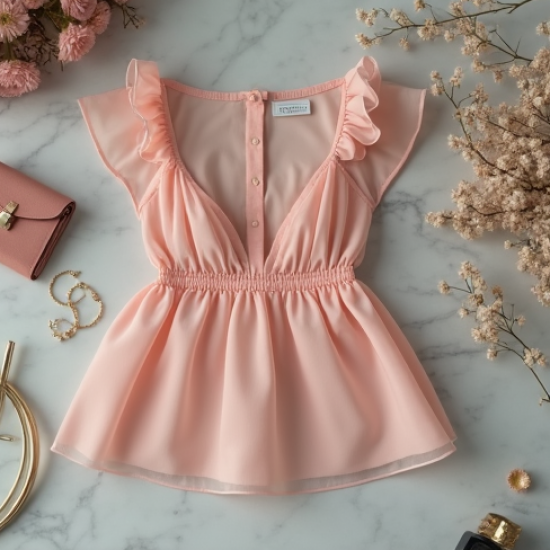 Pastel Pink Ruffled Organza Peplum Top