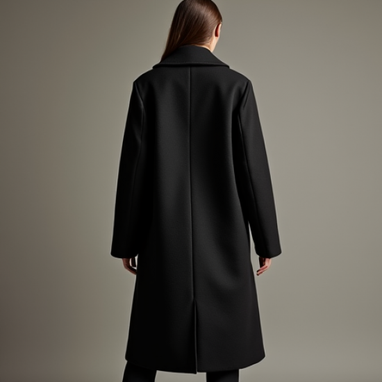Midnight Black Jacquard V-Neck Wool Longline Coat