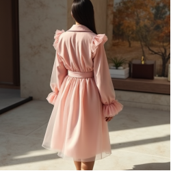 Pastel Pink Ruffled Tulle Trench Coat