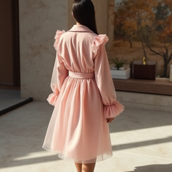 Pastel Pink Ruffled Tulle Trench Coat