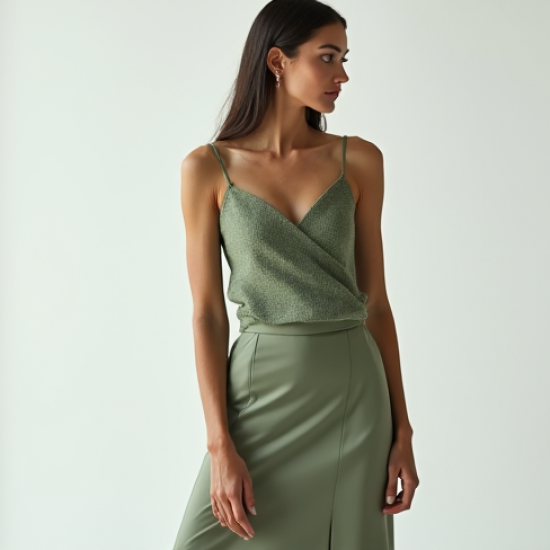 Sage Green Tweed Off-Shoulder Satin Slip Skirt