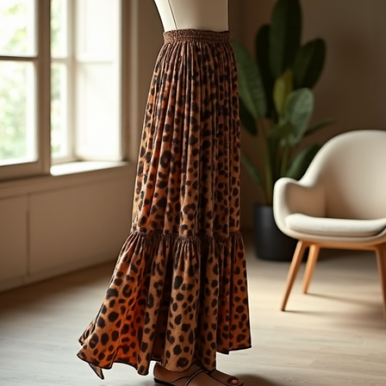 Retro Animal Print Tiered Pleated Maxi Skirt