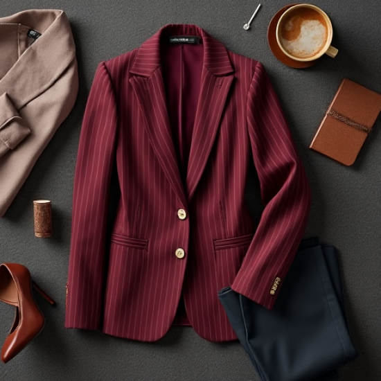 Burgundy Striped V-Neck Tailored Blazer