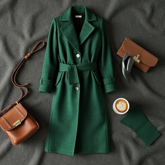 Emerald Green Houndstooth Cut-Out Trench Coat