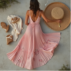 Pastel Pink Floral Print Backless Pleated Maxi Skirt