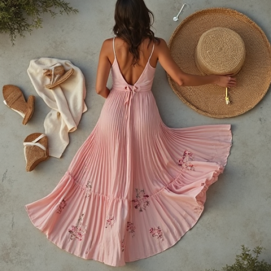 Pastel Pink Floral Print Backless Pleated Maxi Skirt