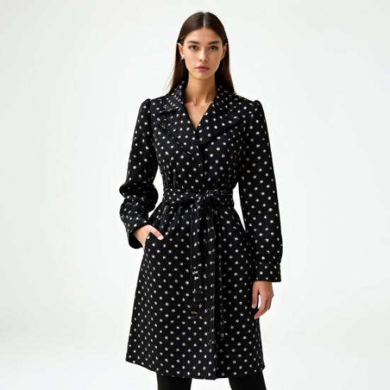 Midnight Black Polka Dot Puff Sleeve Trench Coat