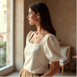 French Style Square Neck Silk Puff Sleeve Top