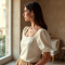 French Style Square Neck Silk Puff Sleeve Top