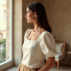 French Style Square Neck Silk Puff Sleeve Top