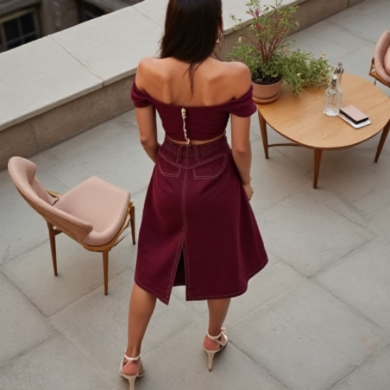 Burgundy Off-Shoulder Denim Wrap Front Skirt