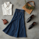 Navy Blue Denim Wrap Front Pleated Maxi Skirt