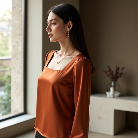 Terracotta Satin Square Neck Blouse