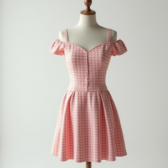 Pastel Pink Houndstooth Off-Shoulder Camisole Dress