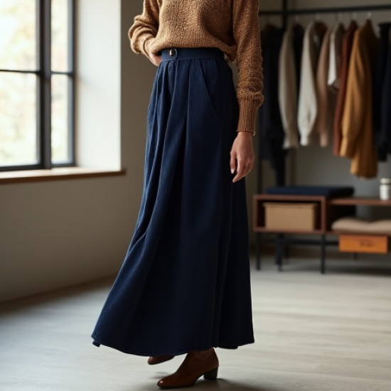 Navy Blue Corduroy Double-Breasted Pleated Maxi Skirt