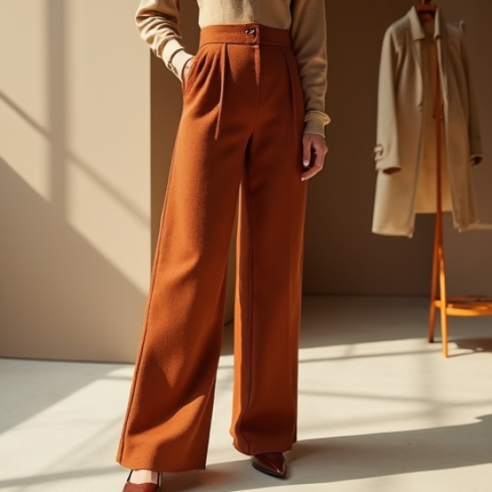 Terracotta Tweed V-Neck Wide-Leg Pants