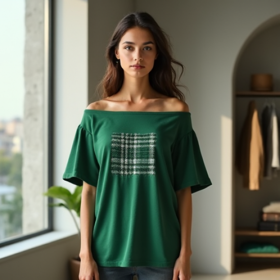 Emerald Green Houndstooth Off-Shoulder Graphic Tee