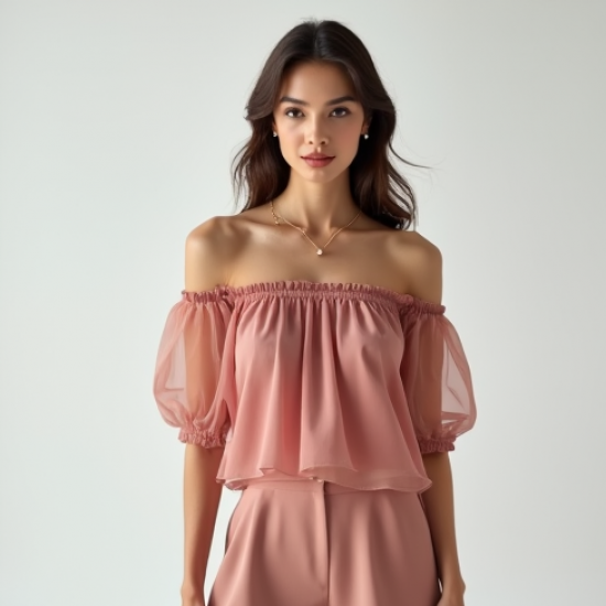 Dusty Rose Organza Off-Shoulder Puff Sleeve Top