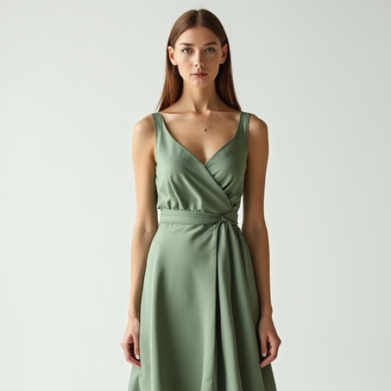 Sage Green Square Neck Satin Wrap Front Skirt
