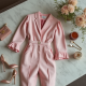 Pastel Pink Houndstooth Off-Shoulder High-Waisted Trousers