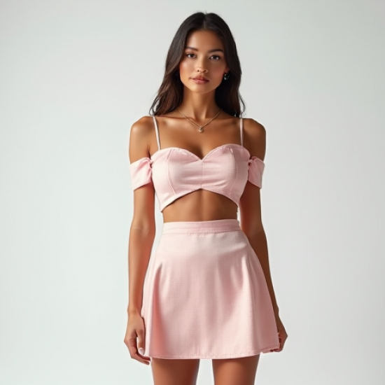 Pastel Pink Houndstooth Off-Shoulder Satin Slip Skirt