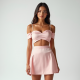Pastel Pink Houndstooth Off-Shoulder Satin Slip Skirt